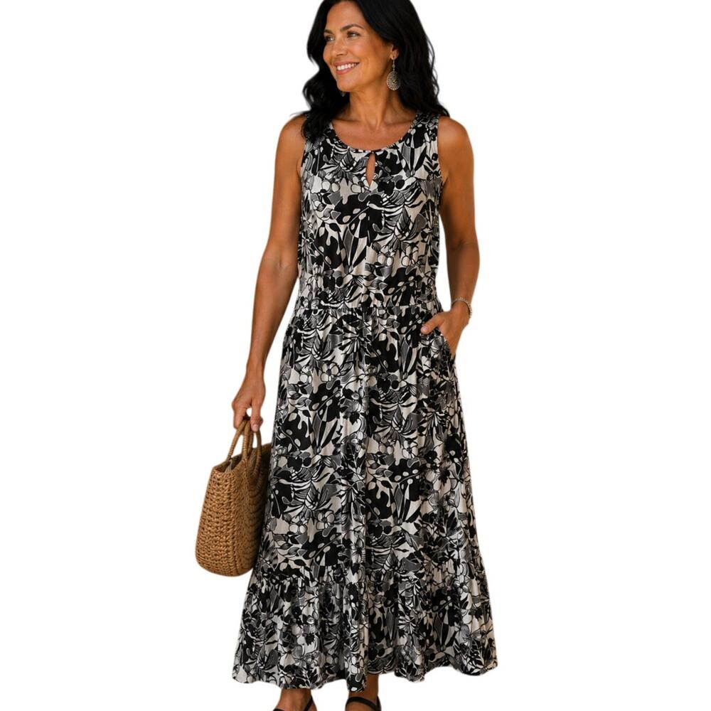 Chicos Floral Knit Maxi Dress Size 2 (Womens Large) Black White Tropical Long